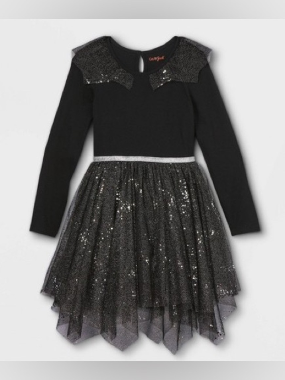 Cat & Jack Halloween Black Silver Glitter Tulle Dress w/Bat Accent Collar